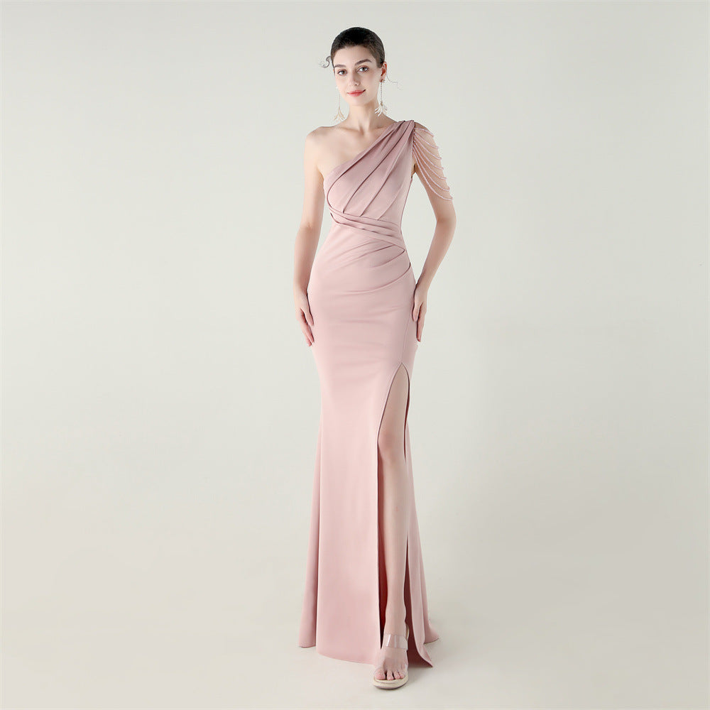 Women strapless satin pleated fishtail slit evening dress 13