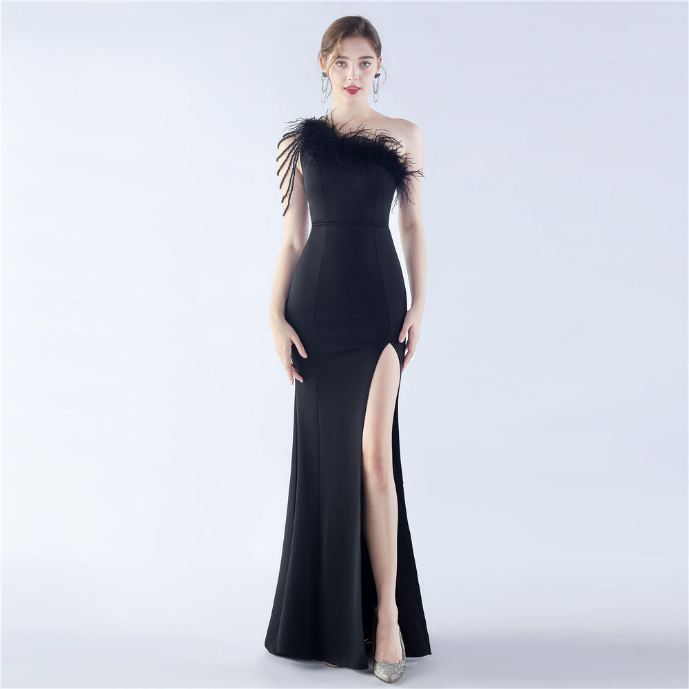 Women Elegant Beaded Ostrich Feather Satin Formal Party Maxi Evening Dress 3