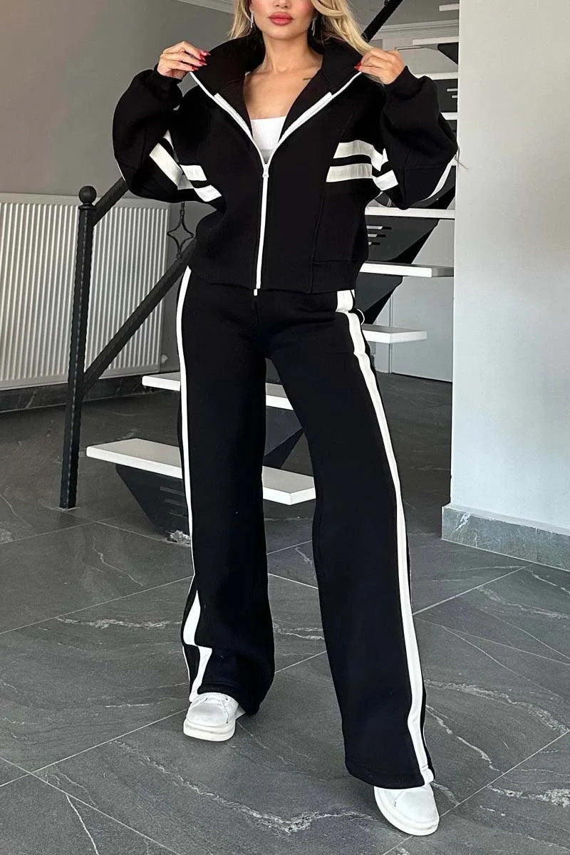 Women Striped Zipper Top and Pants Casual Sports Two-piece Set 9