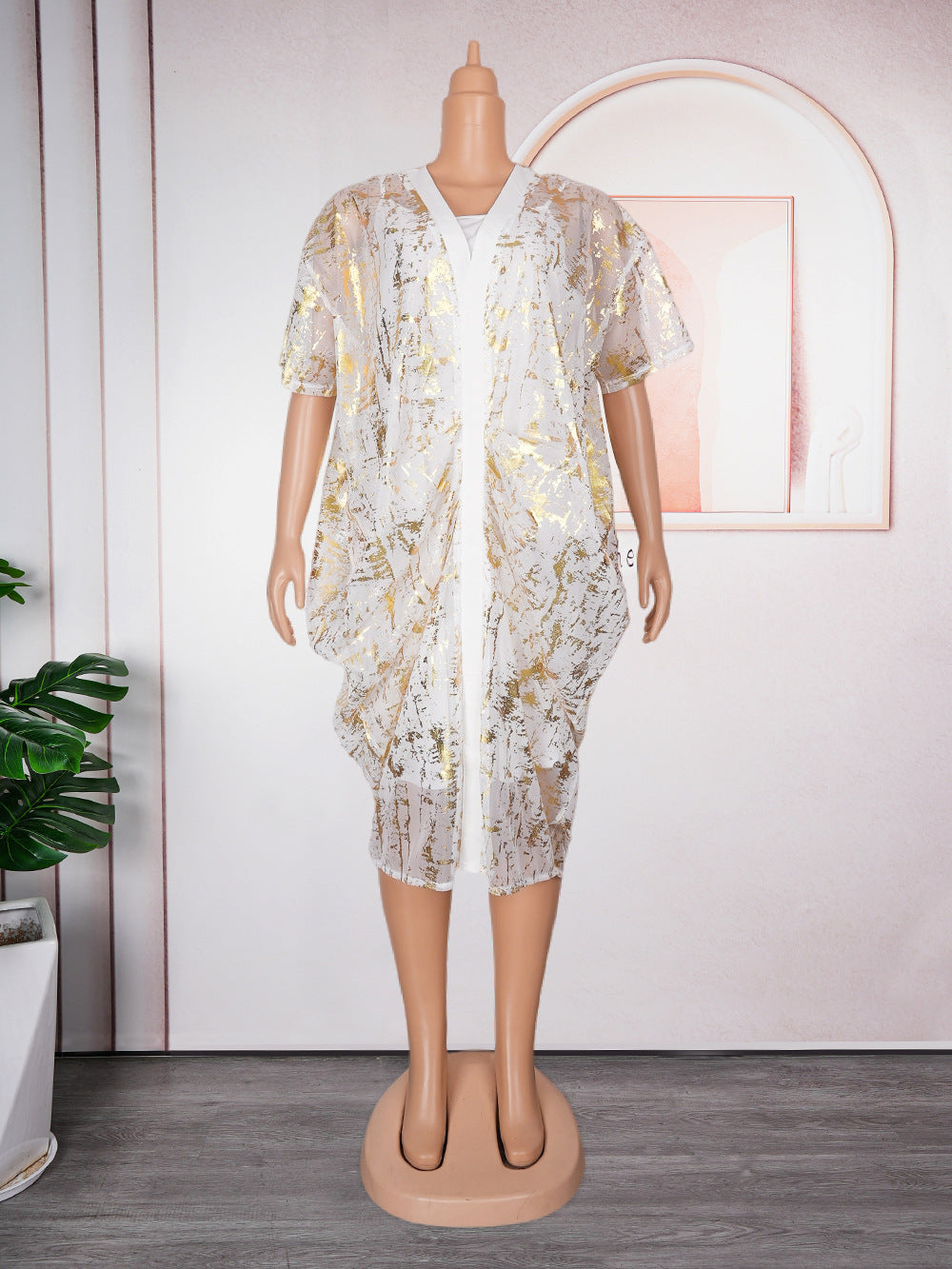 African Plus Size Women's Shiny Mesh Dress Strap Solid Basic Dress Two Piece Set 7