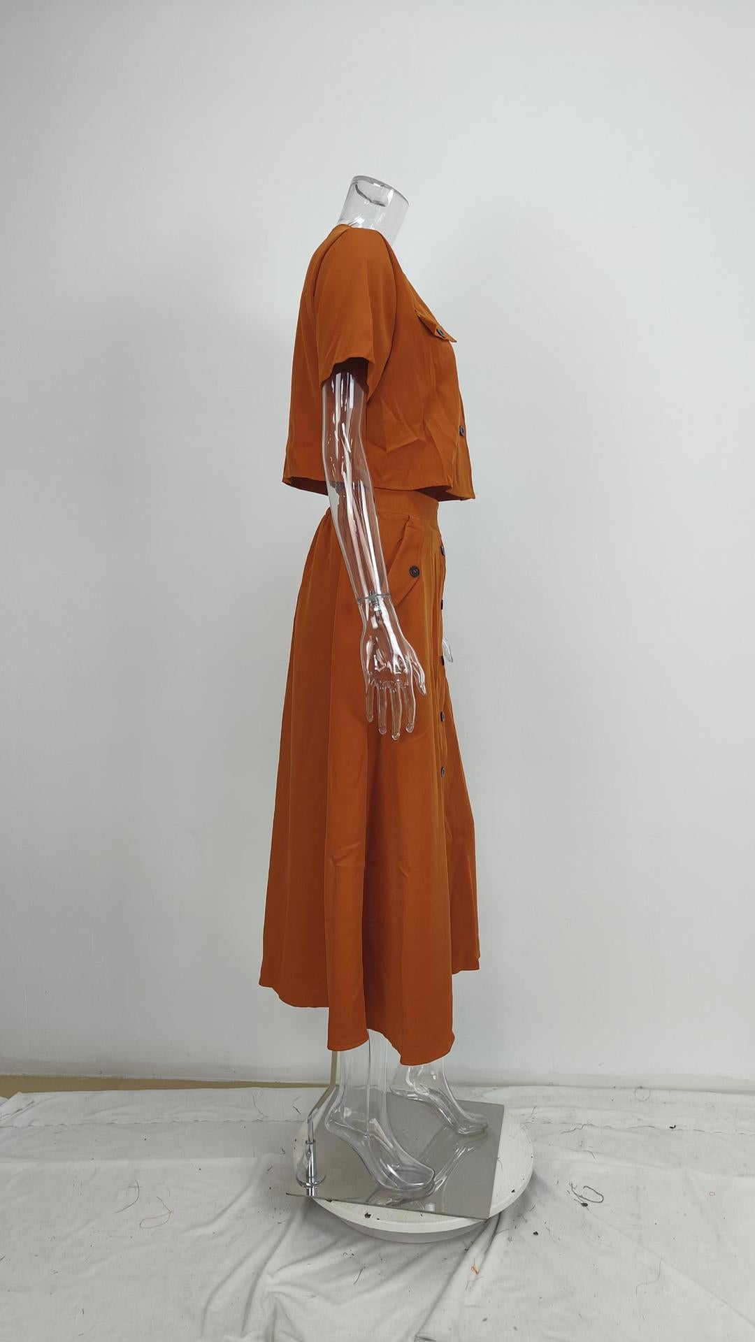 Elegant Solid Short Sleeve Spring Casual Two Piece Skirt Set 15