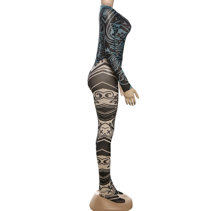 Women Summer Sexy Mesh Long Sleeve Bodysuit and Pants Two-piece Set 7