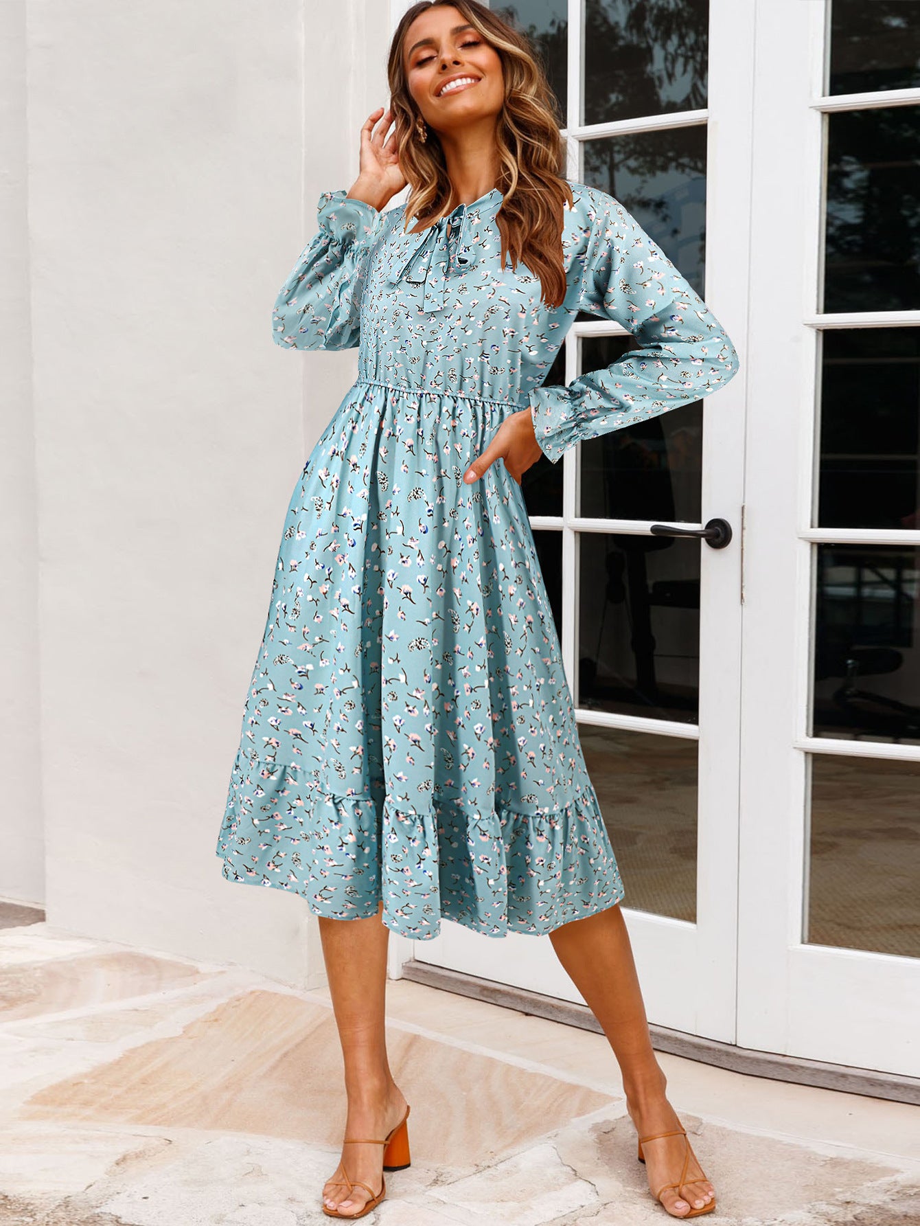 Spring Women's Slim Waist Bell Bottom Long Sleeve Ruffle Floral Dress