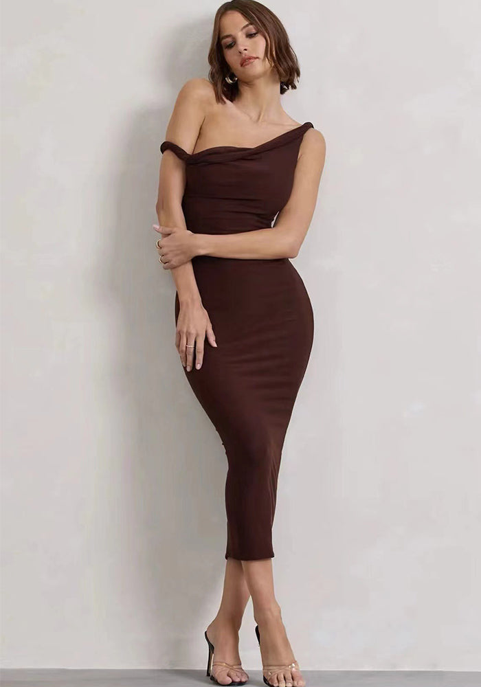 Women Summer Slash Shoulder Pleated Bodycon Dress