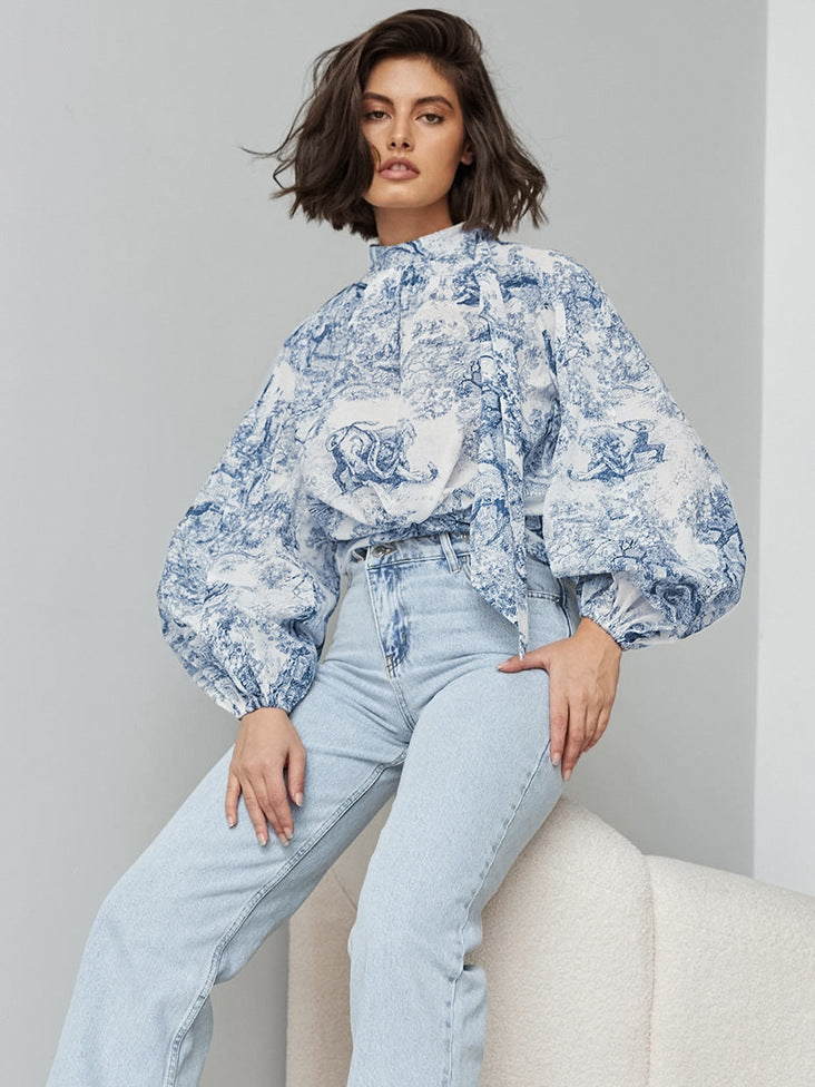 Women French loose lantern sleeves with flowing collar and printed tie shirt 5