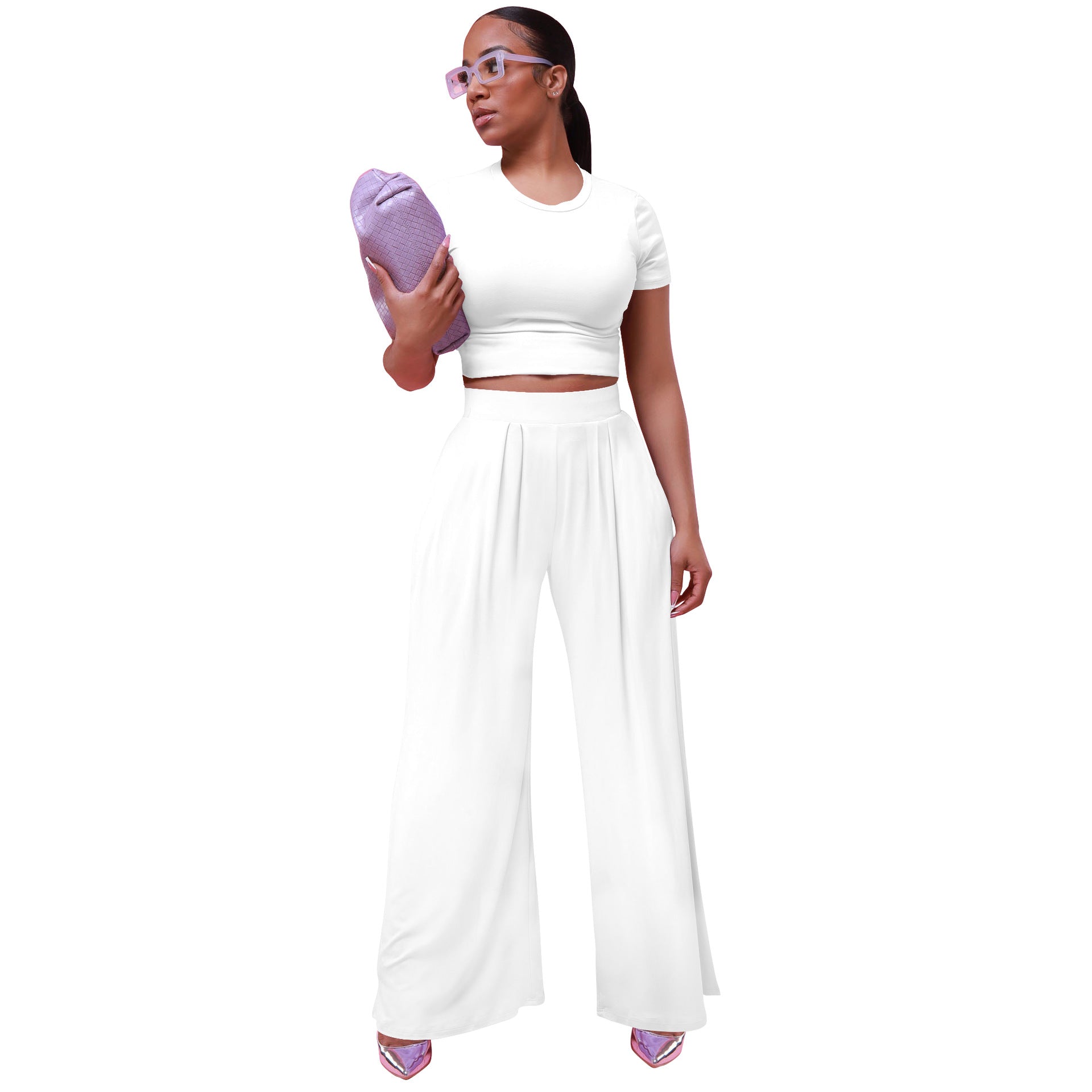 Women's Clothes Summer Fashionable Solid Color Wide Leg Two-Piece Pants Set 10