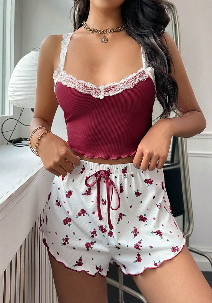 Floral Summer Strap Two Piece Shorts Set Home Clothes