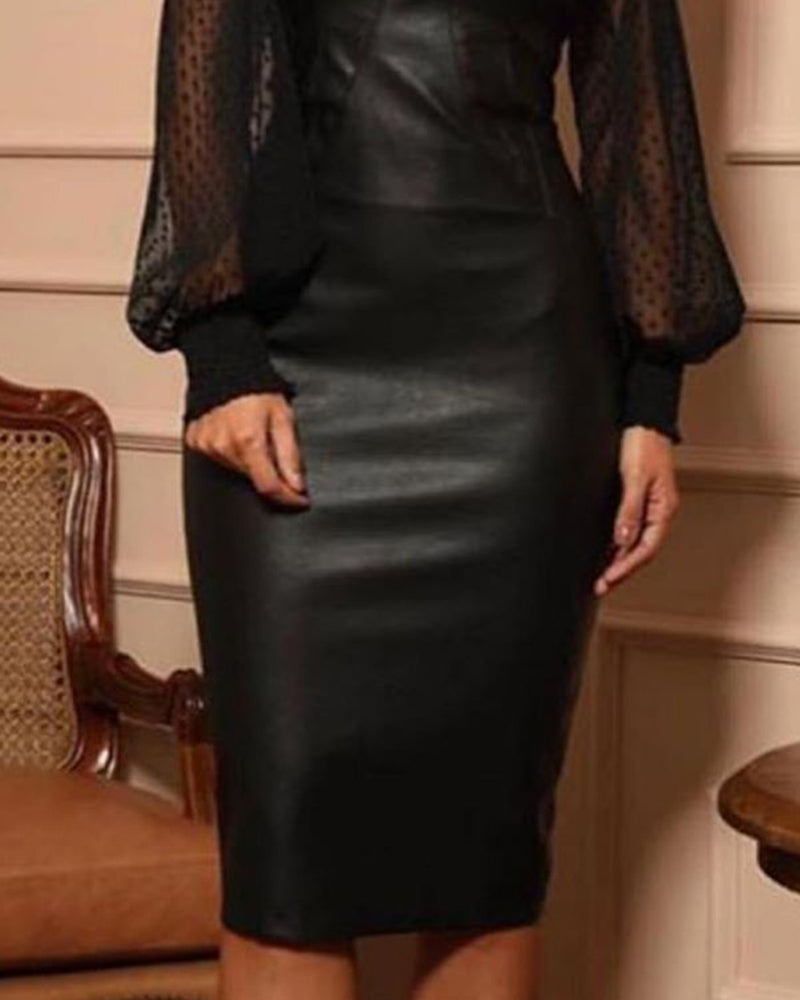 Women Black Mesh Patchwork Pu-Leather Dress