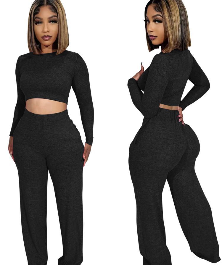 Women's Fashion Long Sleeve Crop Tops And Pants Casual Two Piece Set 11