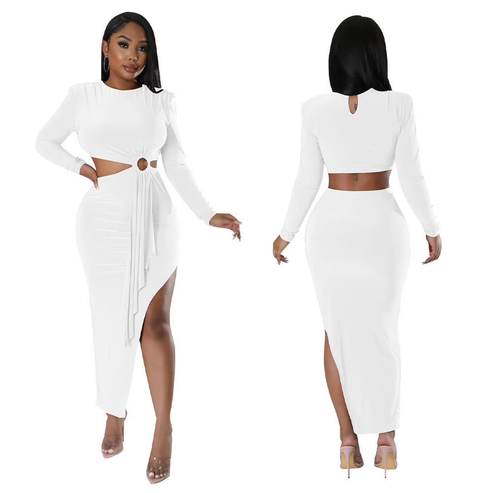 Women'S Fall Round Neck Sexy Open Waist Slit Irregular Dress 8