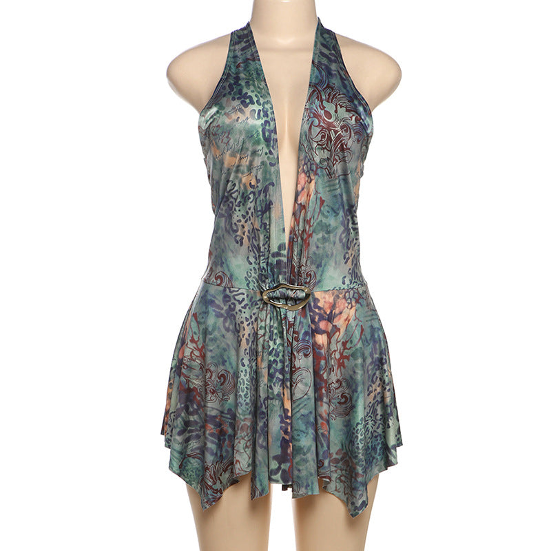 Summer Women's Fashion Chic Sexy Halter Neck Tie Low Back Print Bodycon Dress 7
