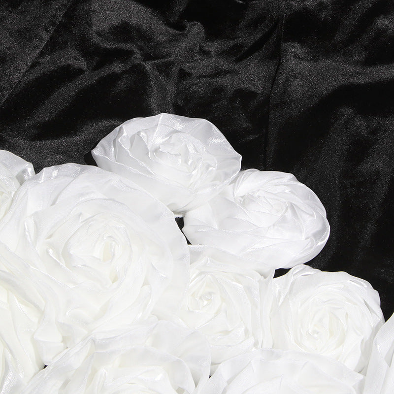 Women sexy velvet wrap chest white rose puffy dress 11