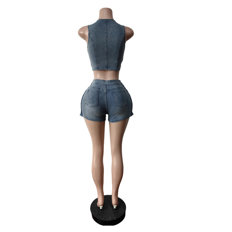 Elastic Denim Vest and Shorts Set for Women 4