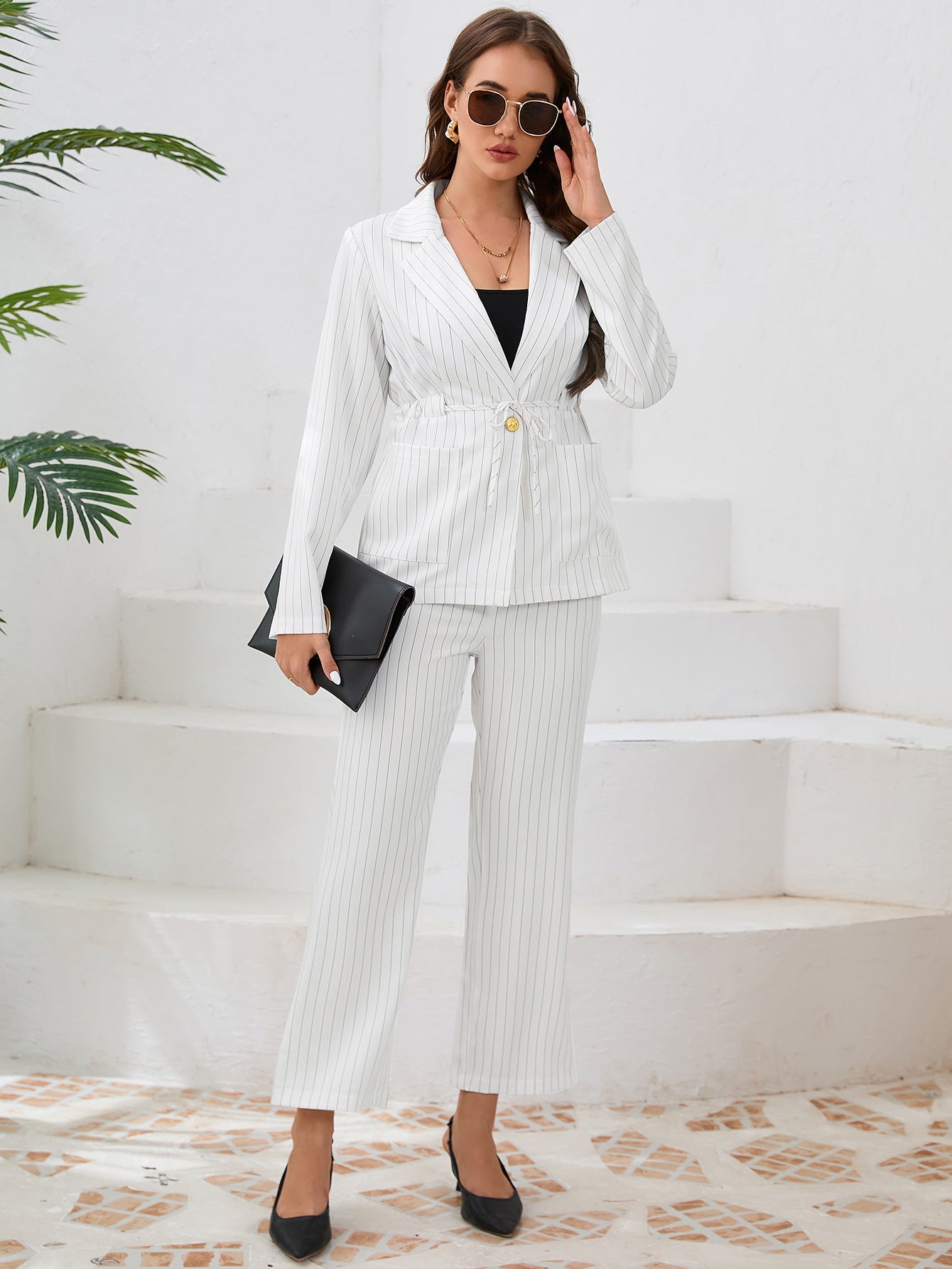 Casual Stripe Turndown Collar Strap Blazer Jacket Straight Pants suits Women's two-piece set 3