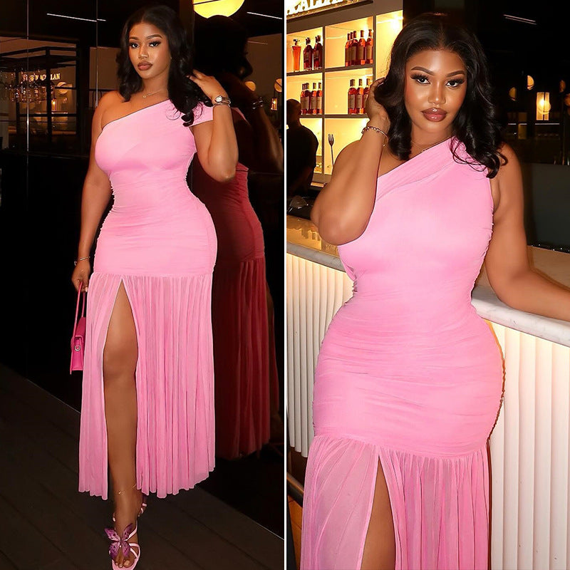 Women Solid Pleated Irregular One-Shoulder Slash Shoulder Slit Dress 4