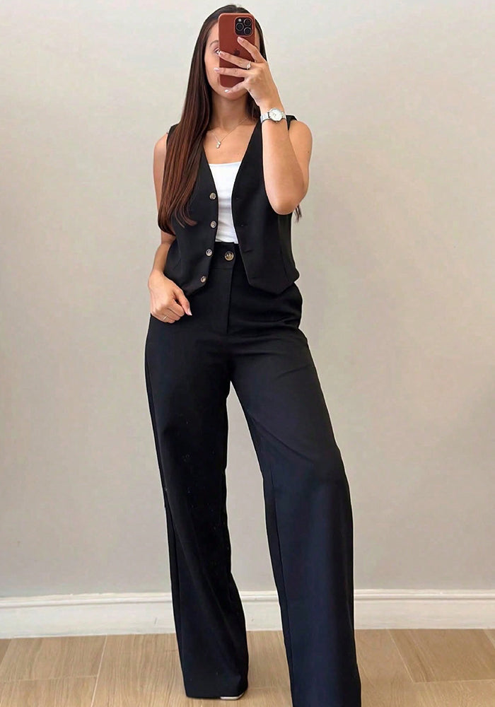 Women's Chic OL V-Neck Black Sleeveless Button Vest High-Waist Wide-Leg Pants Suit