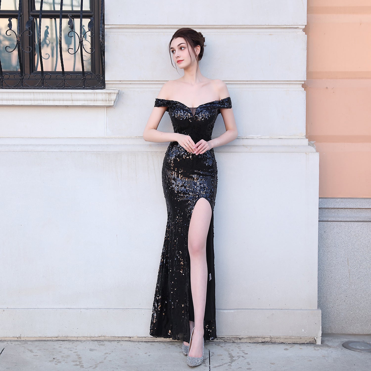Fishtail Formal Party Elegant Chic Off Shoulder Slit Sequins Evening Dress 8