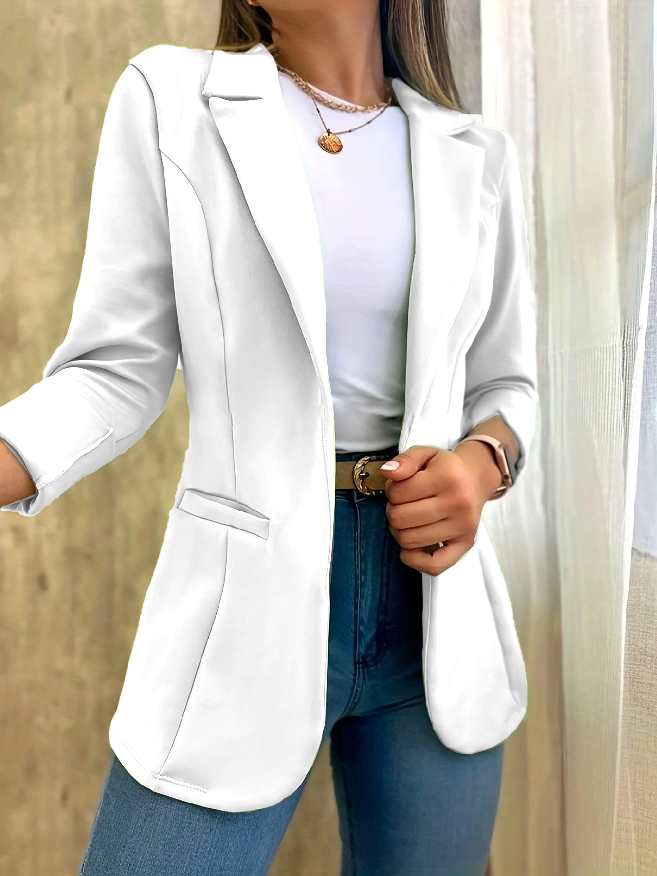 Women Fall Solid Long Sleeve Turndown Collar Jacket 9