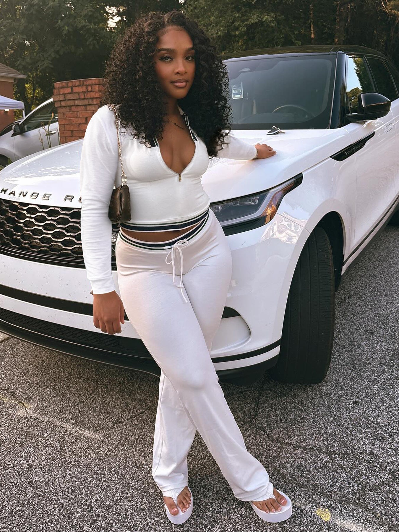 Women Turndown Collar Half-Zip Top and Drawstring Wide-Leg Pants Casual Athletic Two-Piece Set 27