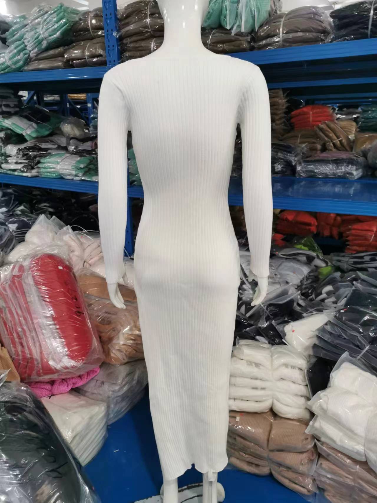 Women Autumn and Winter Round Neck Long Sleeve Slit Sexy Knitting Dress 13