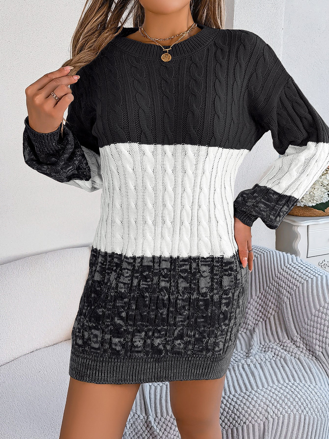 Autumn Winter Casual Color Matching Twisted Lantern Sleeve Sweater Dress Women's Clothing 5