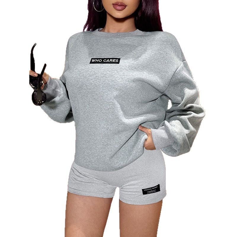 Women Summer Solid Long Sleeve Round Neck Top and Shorts Two Piece Set 6