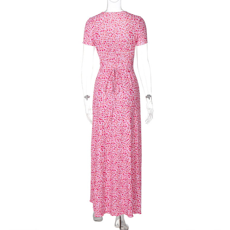 Women Summer Printed U-neck Lace-Up Short Sleeve Dress 24