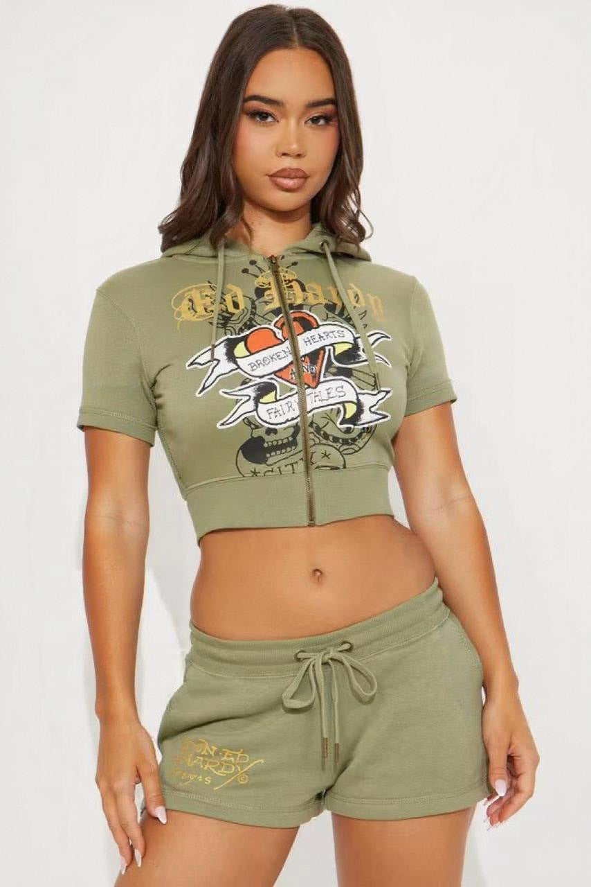 Short Sleeve Print Crop Hoodies & Shorts Set