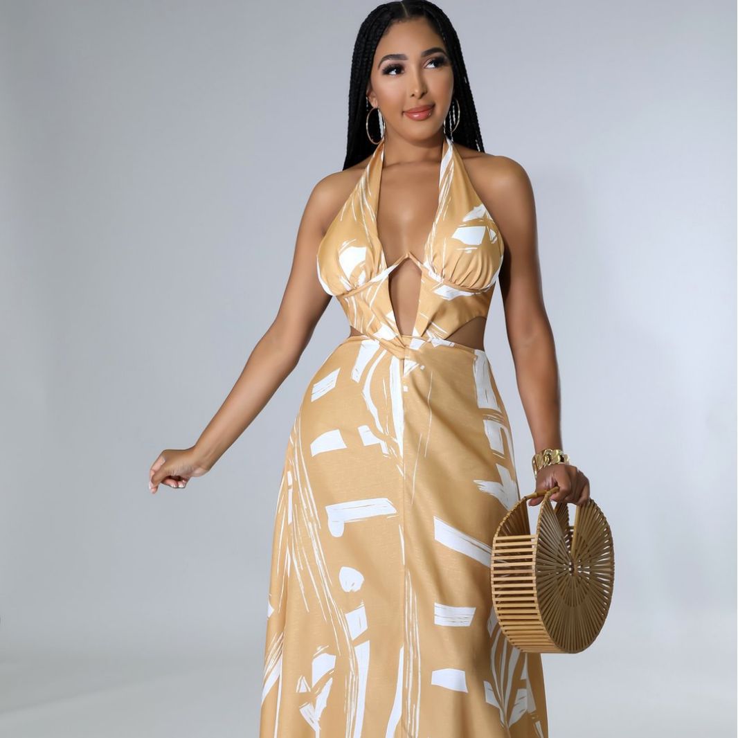 Summer Women's Back Hollow Halter Neck Evening Dress Irregular Contrast Color Sexy dress 5