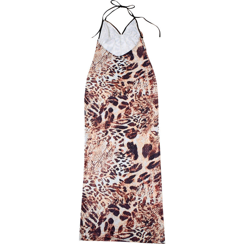 Women Spring Summer Sexy Leopard Print Halter Neck Sleeveless Lace-Up Backless Dress 10