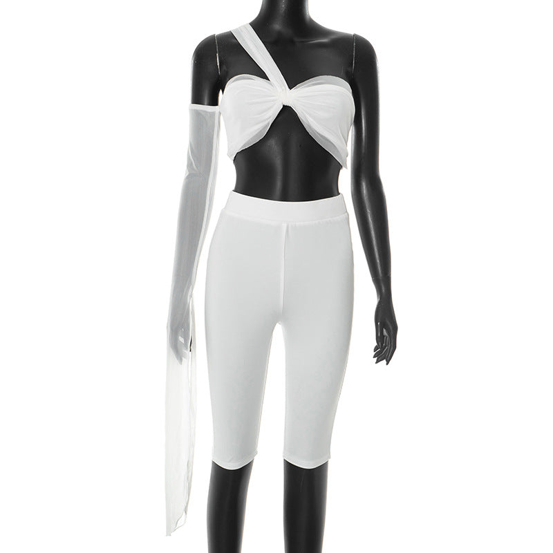 Women's Spring-Summer See-Through Mesh One-Sleeve Slim Tight Two-Piece Shorts Set 5