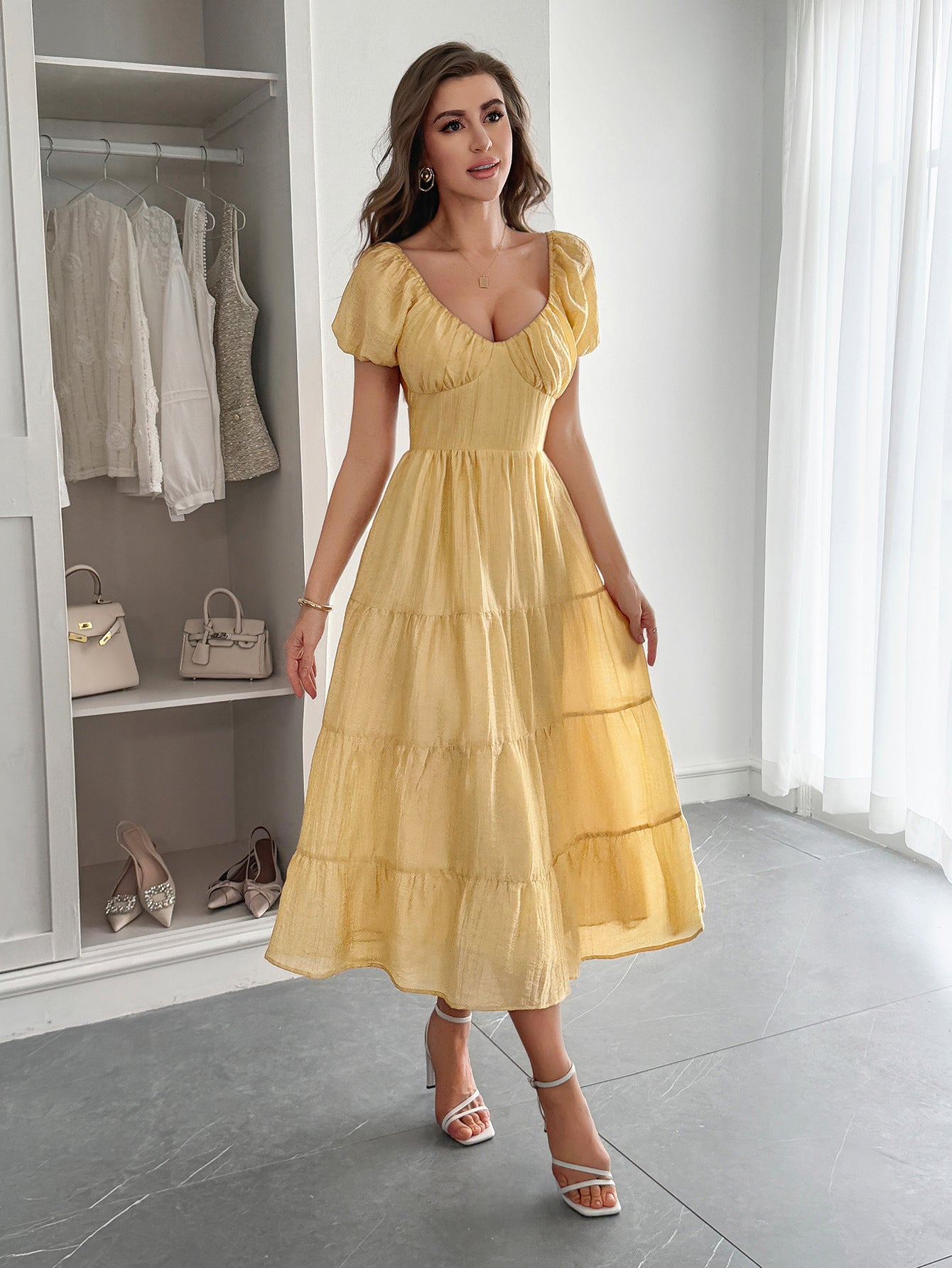 Spring-Summer Elegant Holiday Solid Short-Sleeve Maxi Dress for Women 4