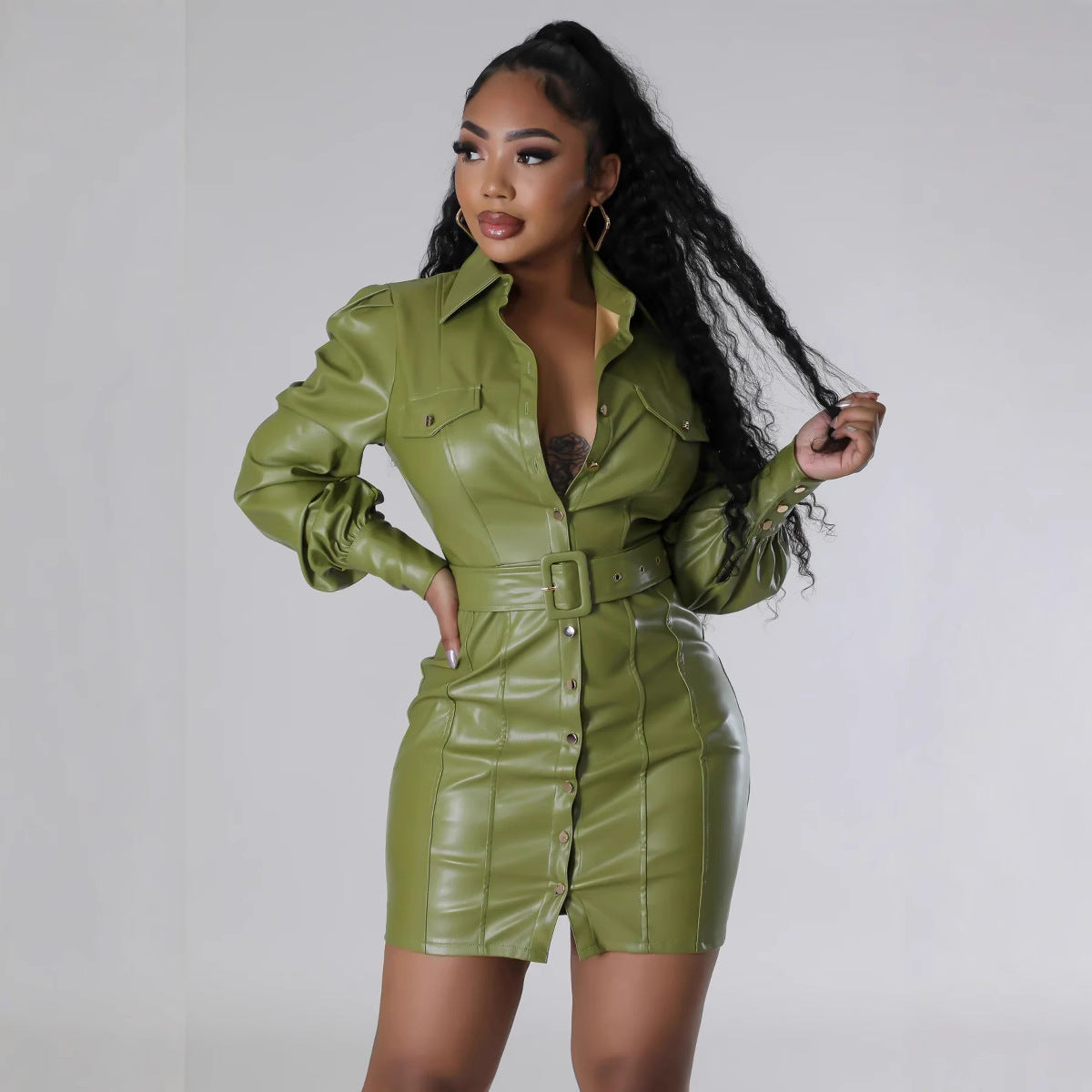 Women Pu Leather Long Sleeve Turndown Collar Dress 3