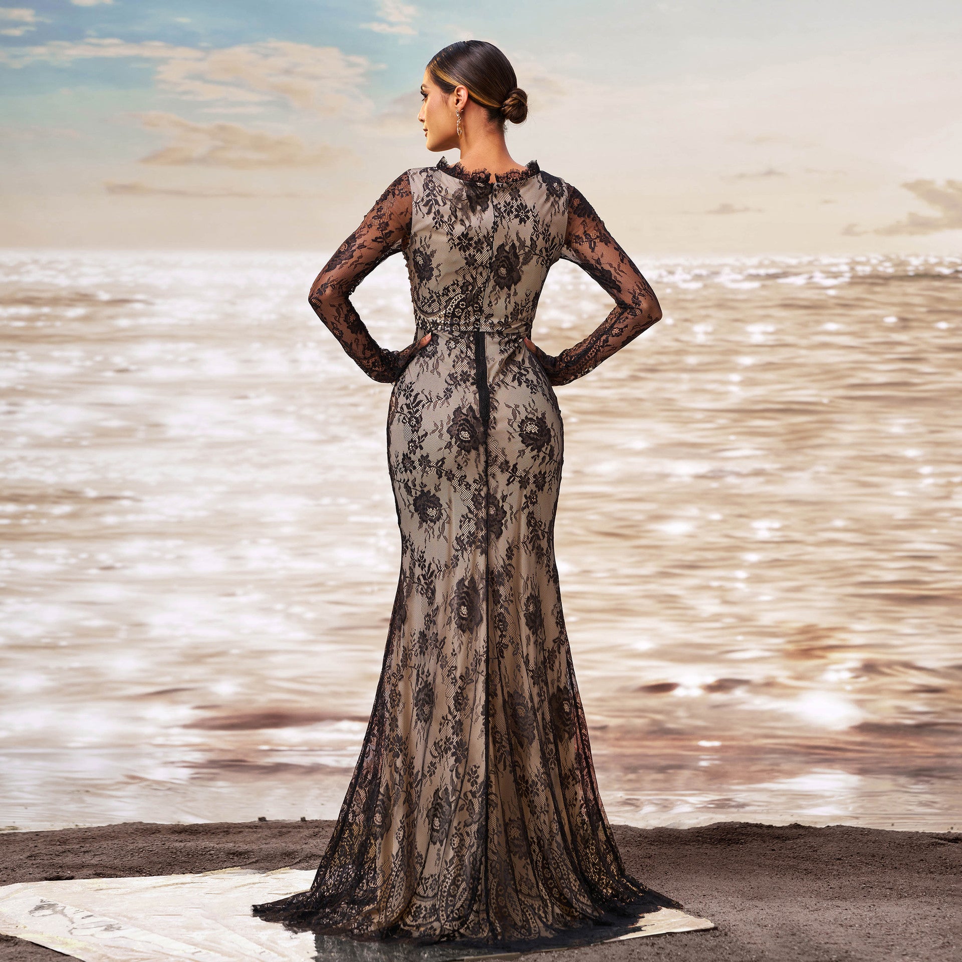 Luxury Long Sleeve Round Neck Formal Party Mesh Slim Fishtail Evening Dress Women Bridesmaid Gown 4