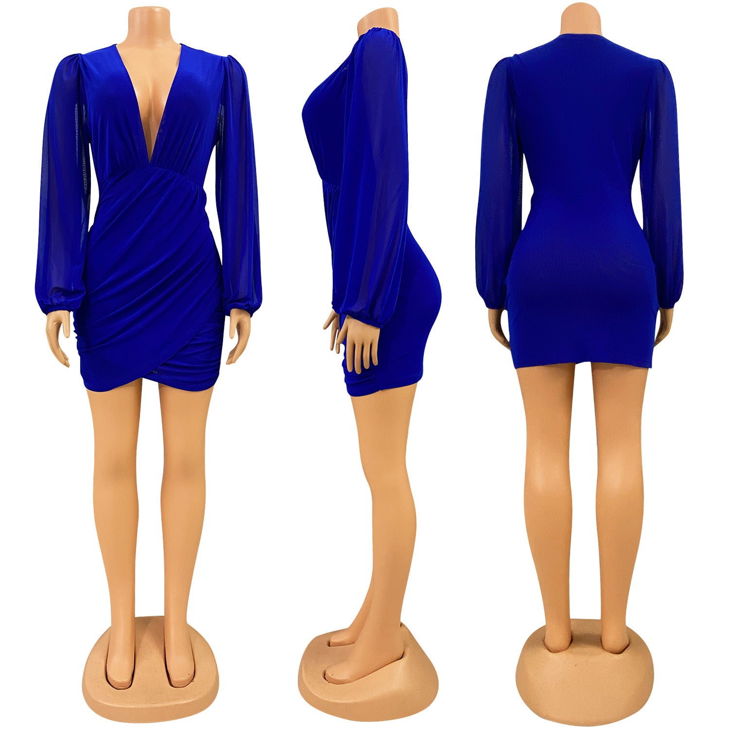 Women sexy v-neck mesh long-sleeved pleated dress 15