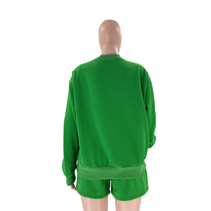 Fall Winter Solid Color Round Neck Pullover Long Sleeve Hoodies Women's Fashion Casual Shorts Two Piece Set 46