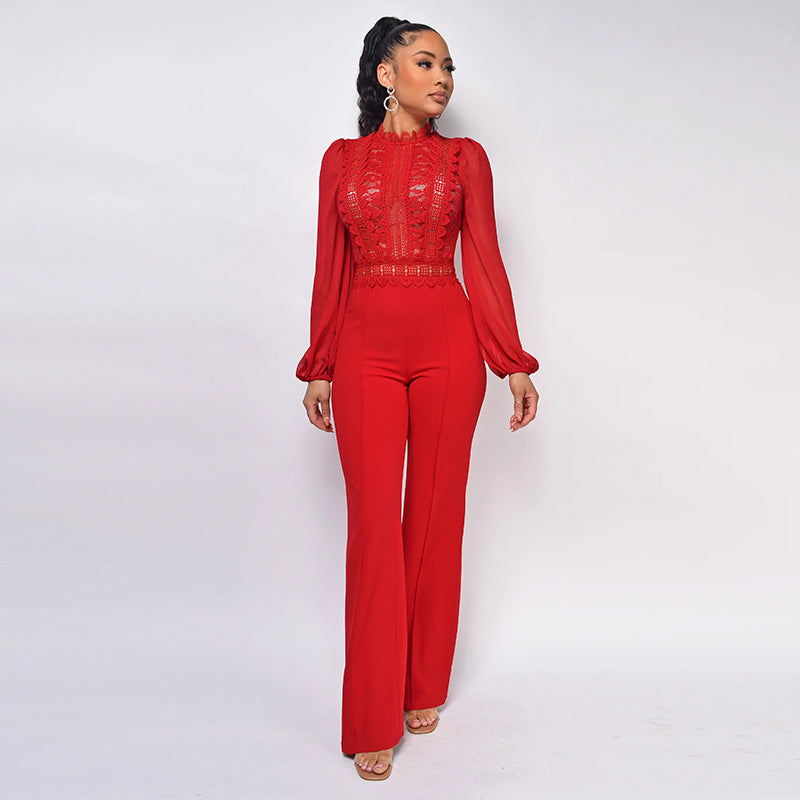 Women's High Waist High Collar Lace Long Sleeve Straight Leg Jumpsuit For Women 4