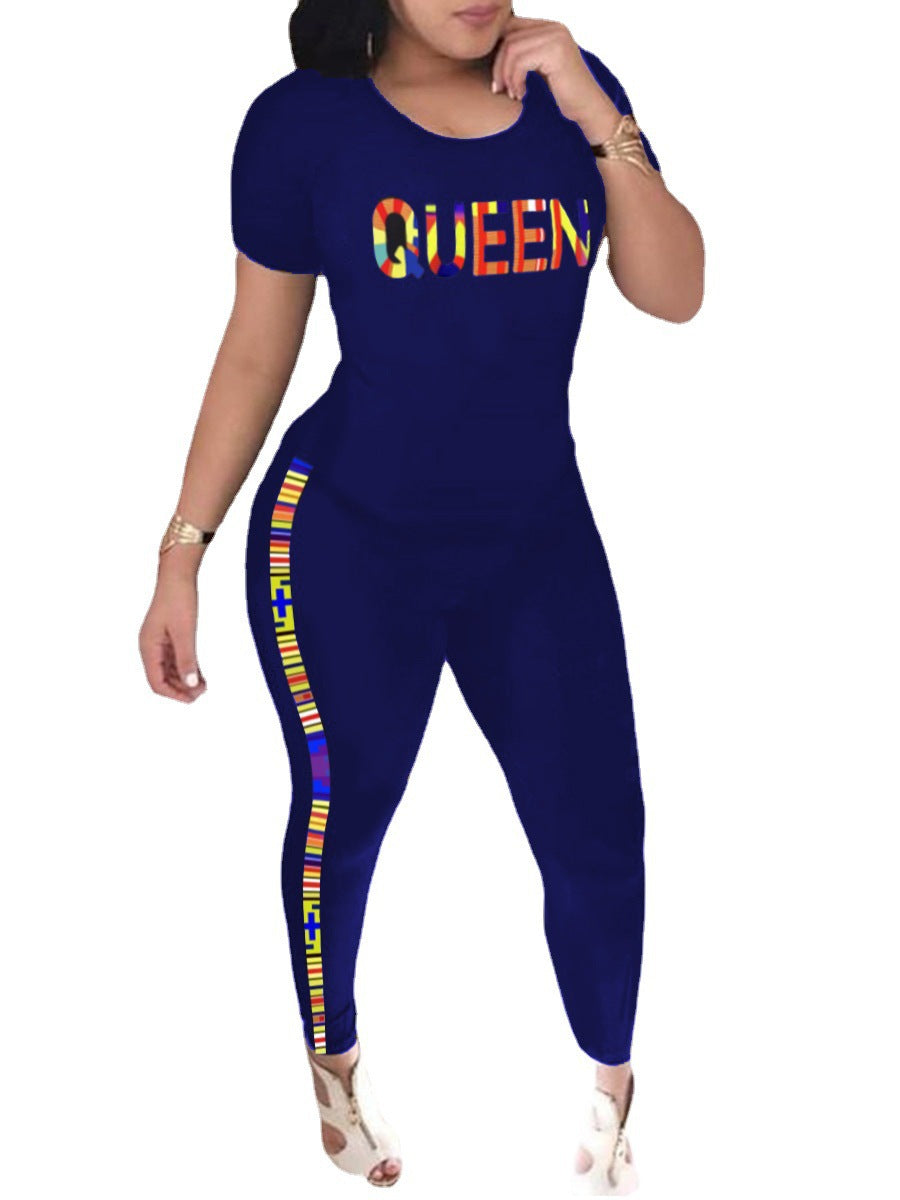 Casual Letter Print Short Sleeve Loungewear Stripe Two-Piece Pants Set For Women 9