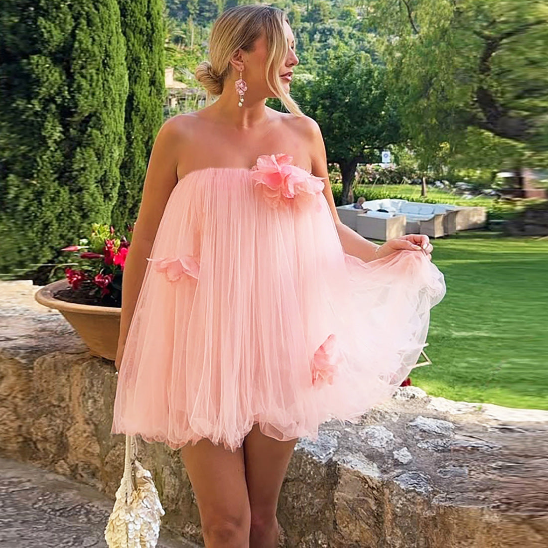 Summer Women's Mesh Puffy Dress Floral Strapless Dress