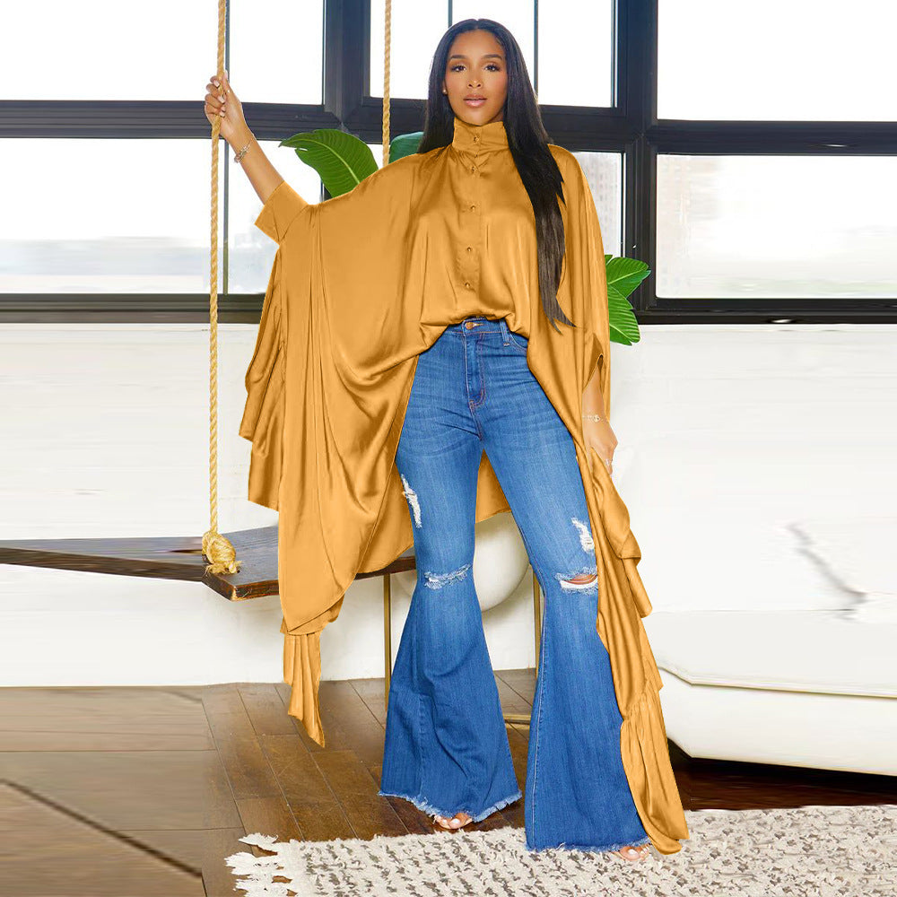 Women 's Autumn Pleated Long Solid Color Shawl Shirt 4