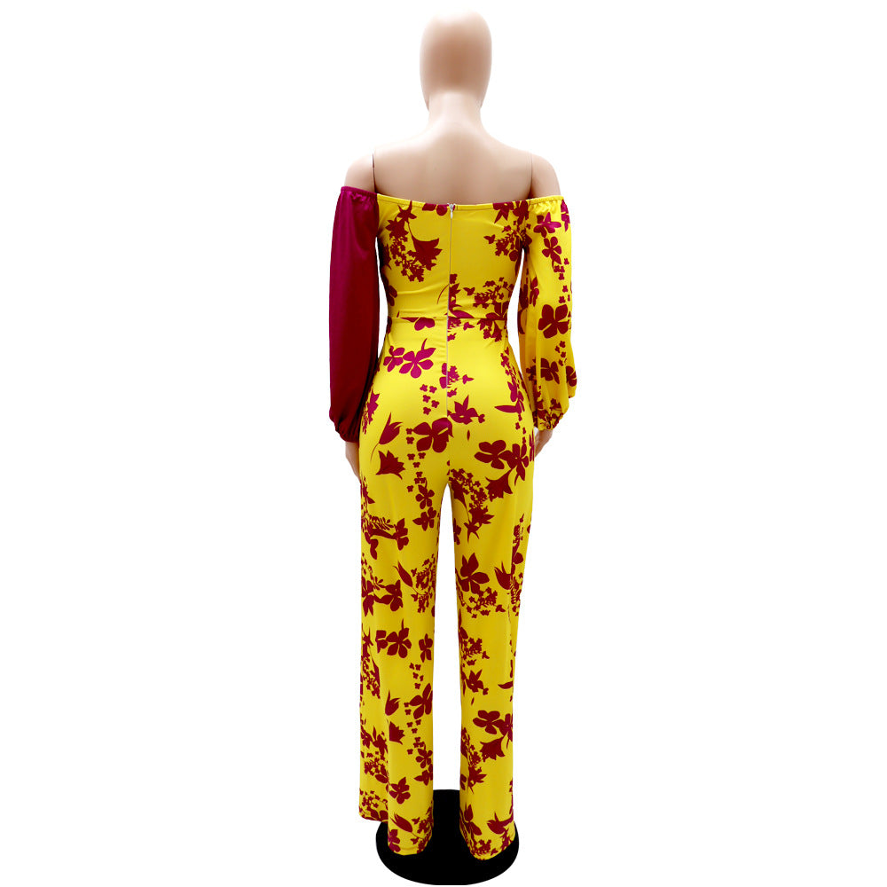 Patchwork Off Shoulder Long Sleeve Fashion High Waist Print Hollow Out Casual Jumpsuit 11