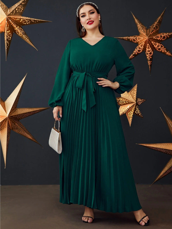 Fashion Solid Color V-Neck Long Sleeve Pleated Plus Size Dress 5