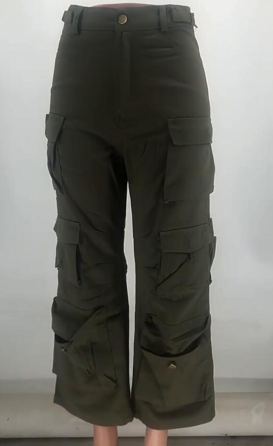 Women Pocket Cargo trousers Wide Leg Straight Washed Denim Pants 9