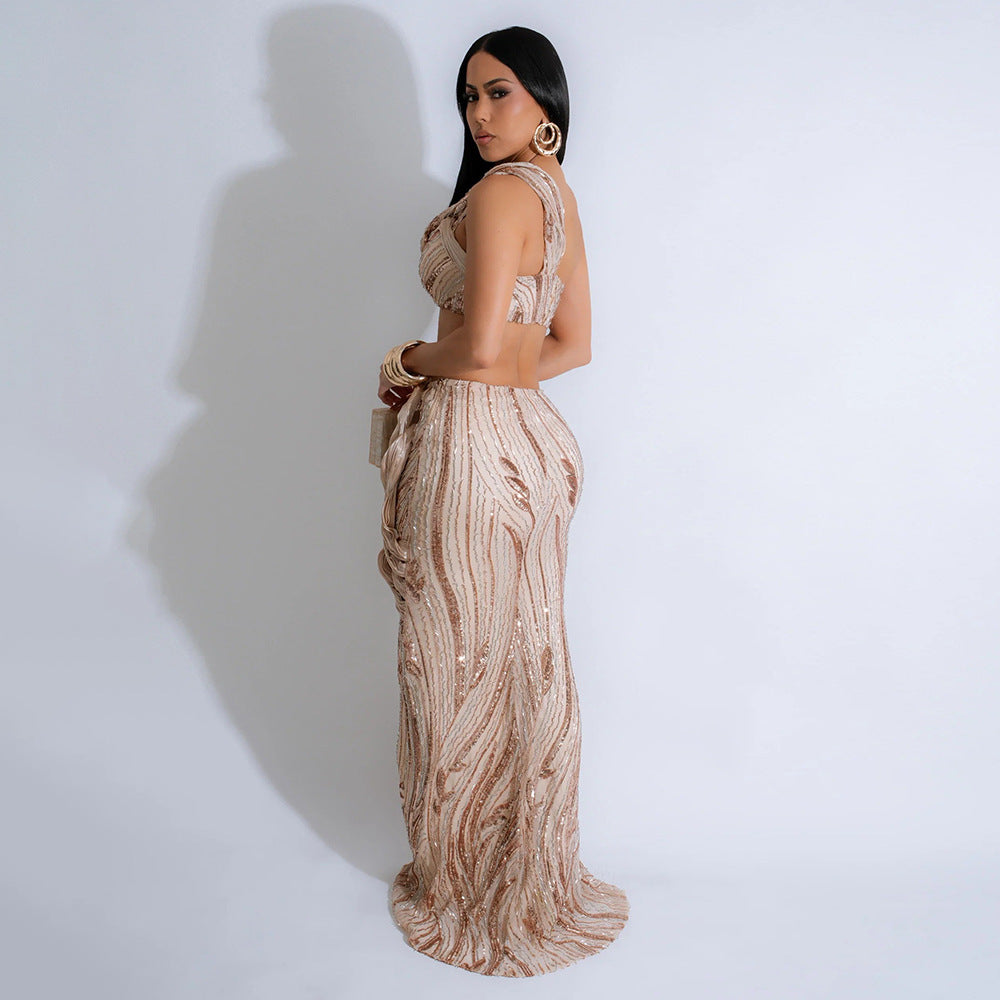 Women sleeveless one-shoulder Crop Top and sexy Bodycon skirt two-piece set 7