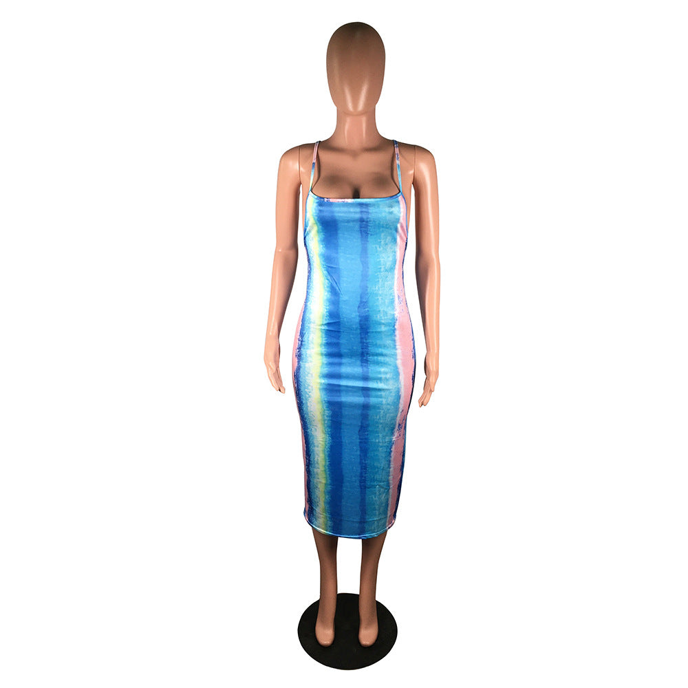 Women's Sexy Tie Dye Printed Strap Low Back Dress 12
