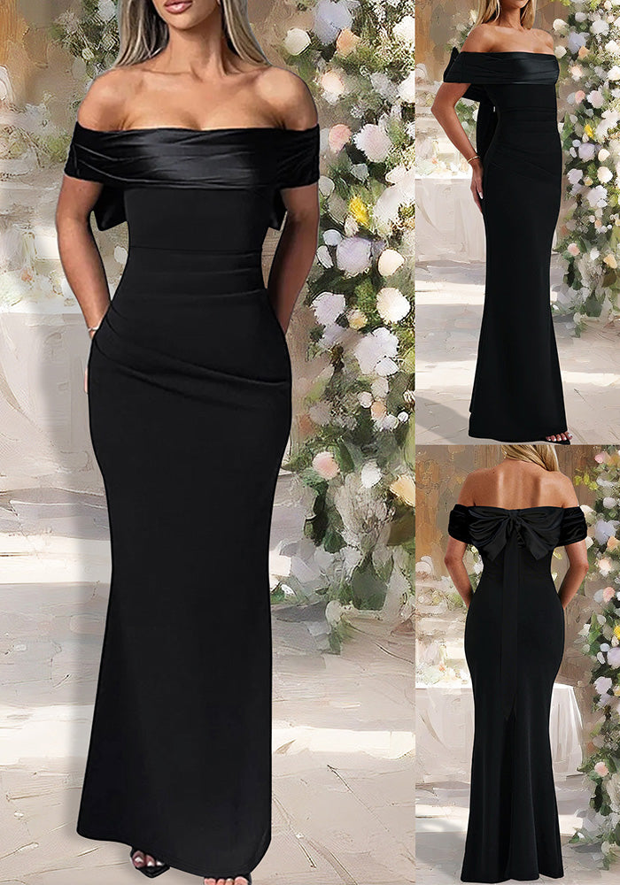 Women Elegant Off Shoulder Strapless Bowknot Maxi Dress