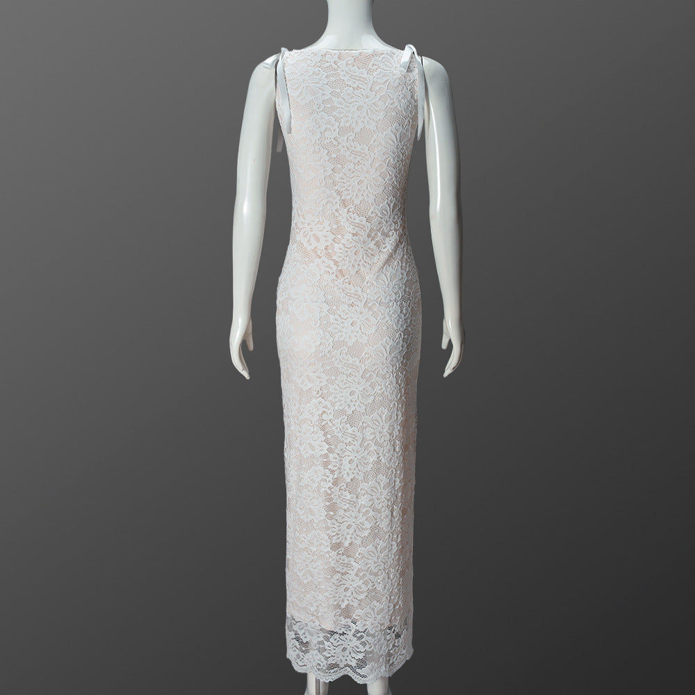 Women's Spring Summer Lace-Up Bowknot Strap Sexy Low Back Lace Double Layer Long Dress 8