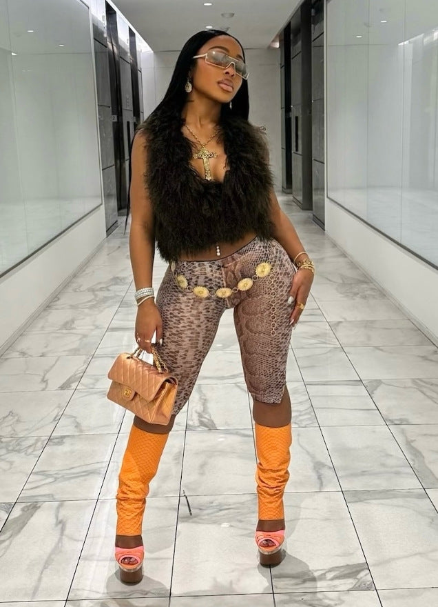 Women trendy stretchy animal print cropped pants 3