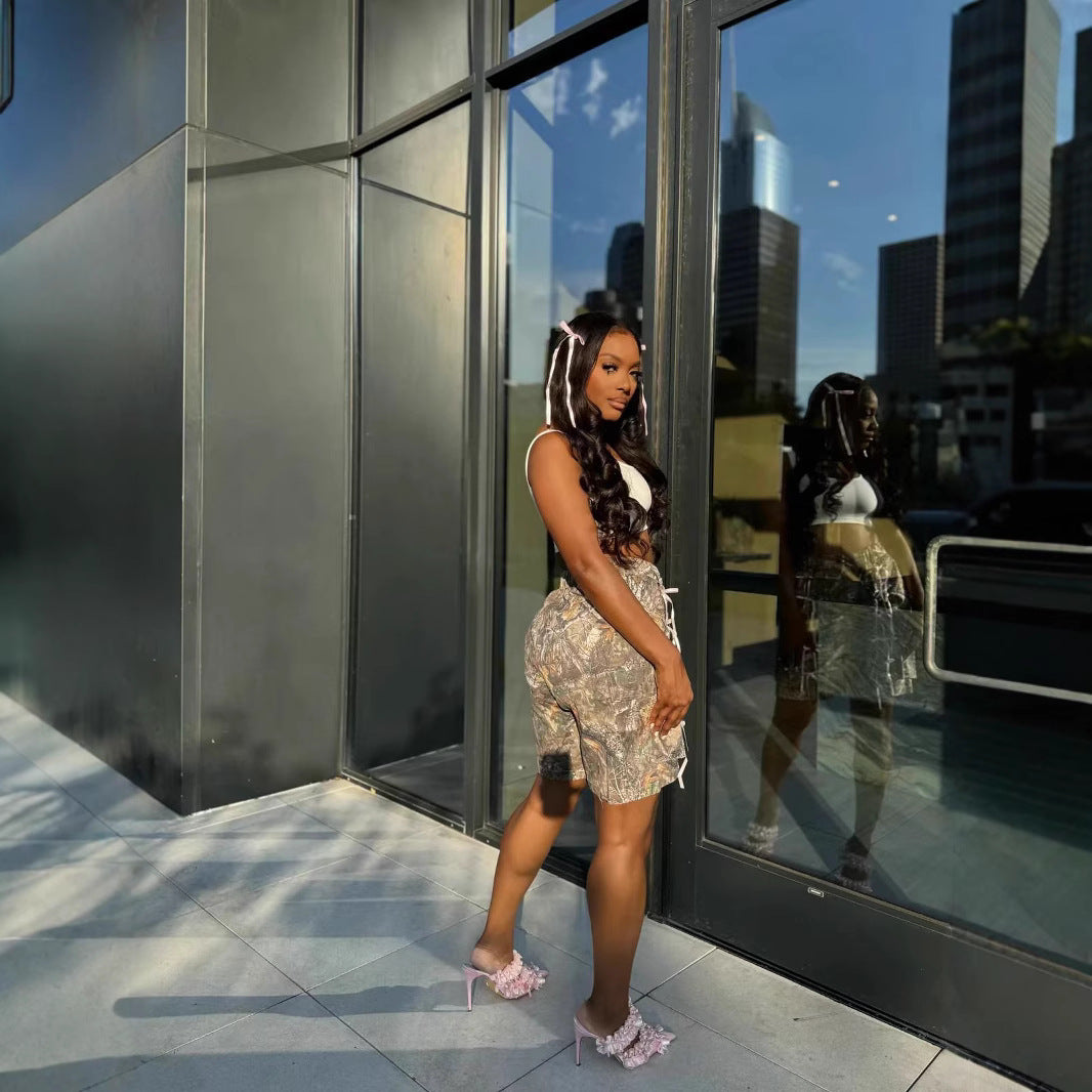 Street camouflage print loose straight casual pants knee-length shorts 5