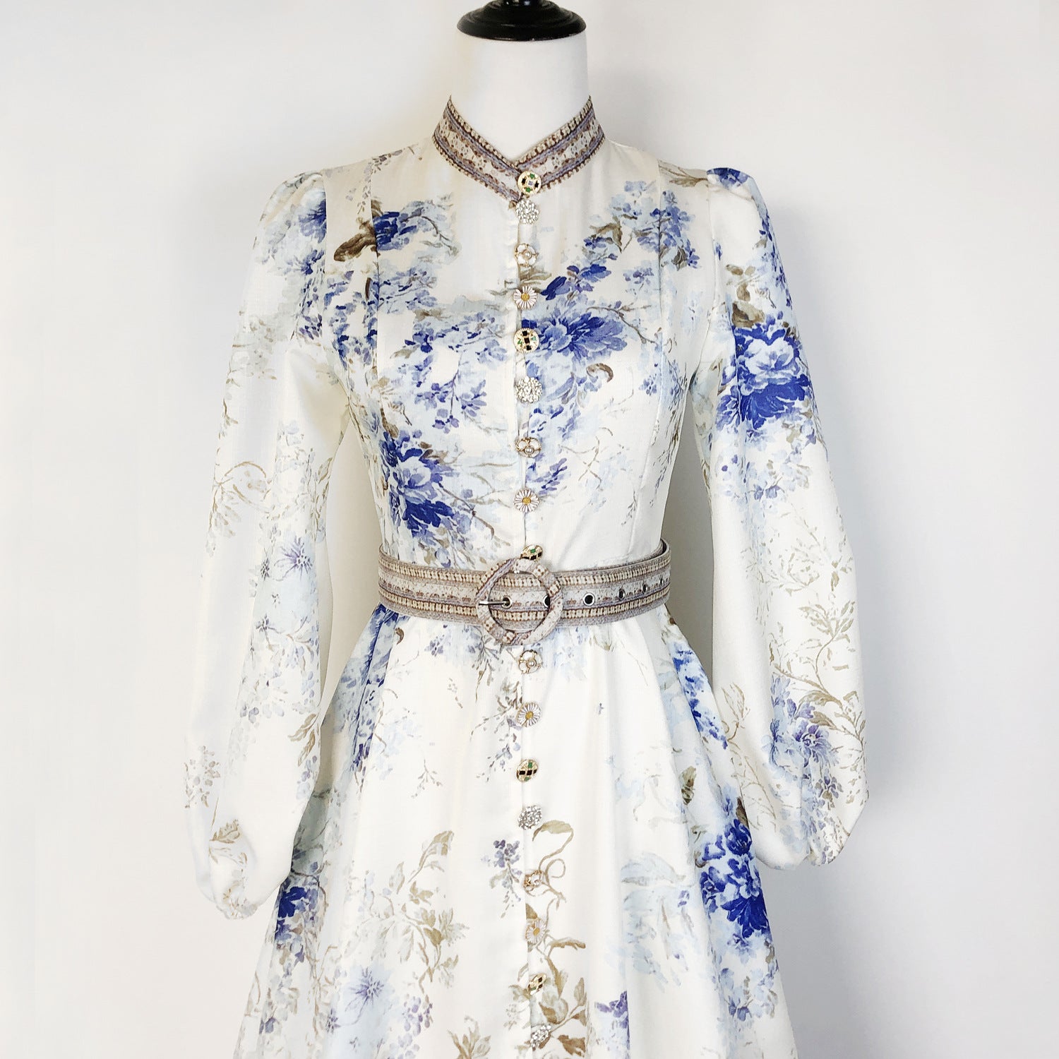 Elegant Print Row Jewelry Button Floral Lantern Sleeve Midi Dress with Belt 28